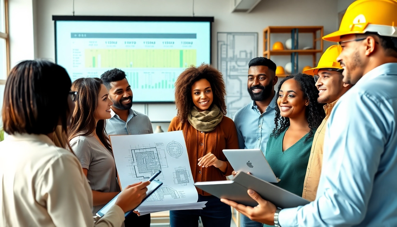Engaged professionals participating in construction management training, collaborating with project plans and technology.