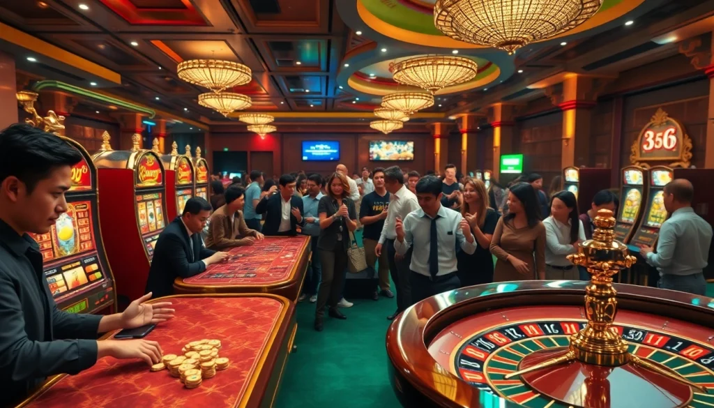 Bangsawan88 casino scene featuring vibrant slots, roulette, and enthusiastic players celebrating wins.