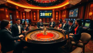 Exciting roulette game featuring 28BET logo, vibrant casino players, and elegant decor.