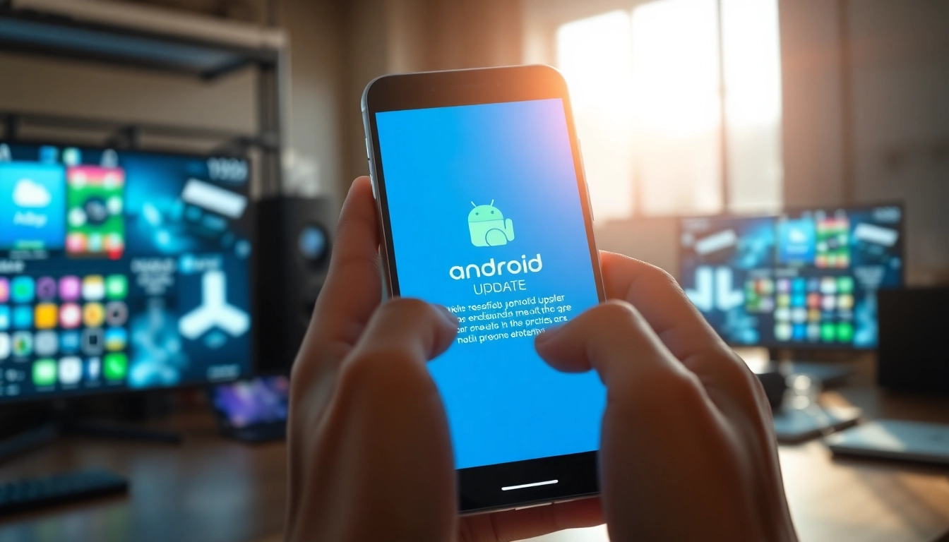 Aktualizacja Android na nowoczesnym smartfonie w technologicznej scenerii.