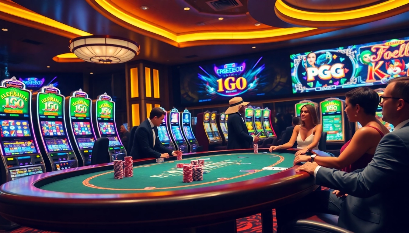 Play exciting PG slot games in a luxurious casino atmosphere with vibrant machines and chips.