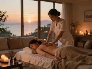 평화로운 분위기에서 편안한 홈 환경에서 출장안마를 즐기는 모습.