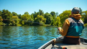 Person wearing fly fishing apparel casts a line into a tranquil lake.