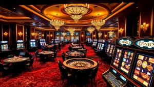 Joueurs engagés autour des tables dans une atmosphère de casino en ligne argent réel France avec un décor luxueux.