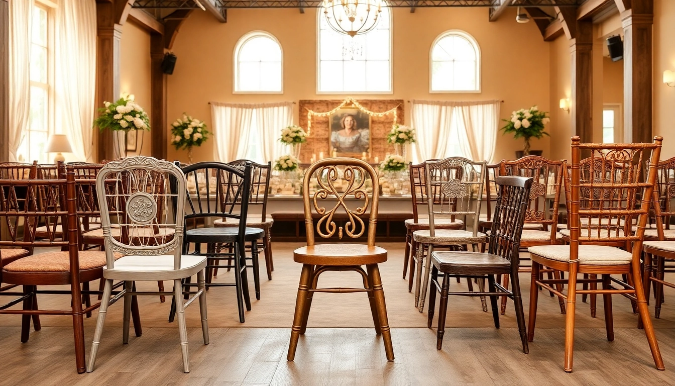 Showcasing diverse chair rentals for elegant events in a stylish venue setup.