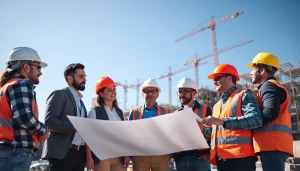 Collaboration within a construction member organization discussing plans on-site.