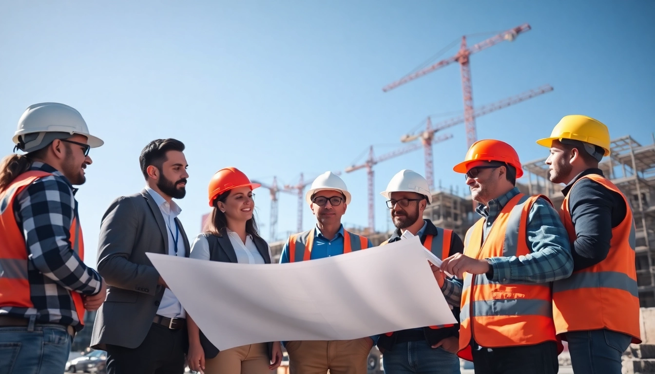 Collaboration within a construction member organization discussing plans on-site.