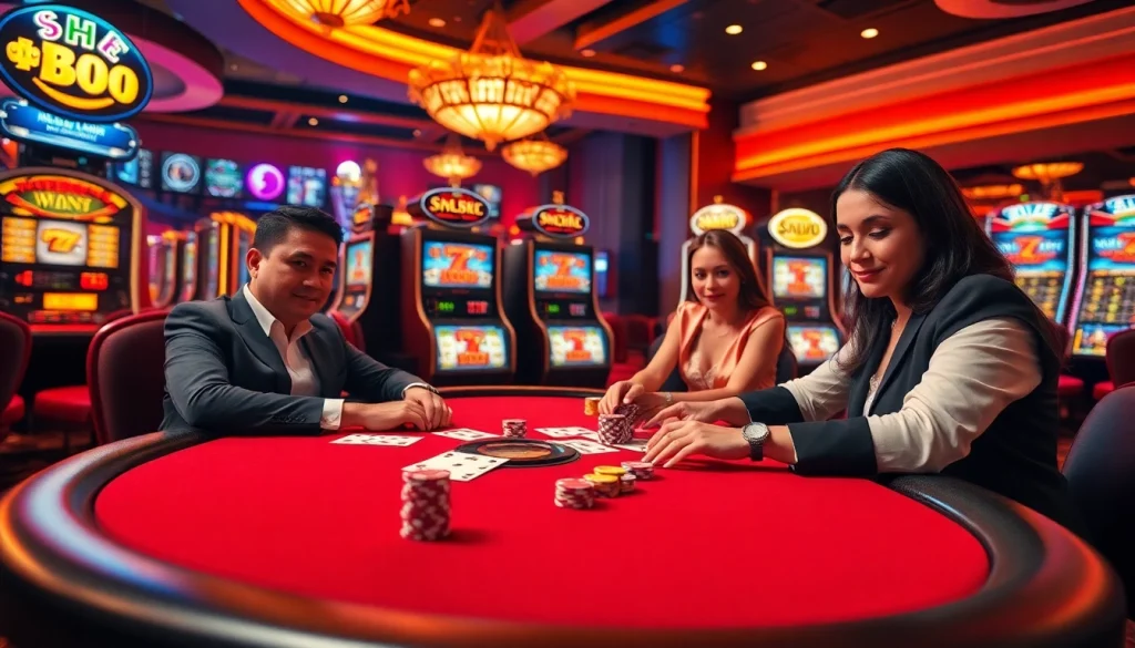 Shbet casino scene featuring poker chips and slot machines under warm lights.