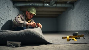 Vapor Barrier Installation process in a crawl space with a contractor showcasing a clean installation.