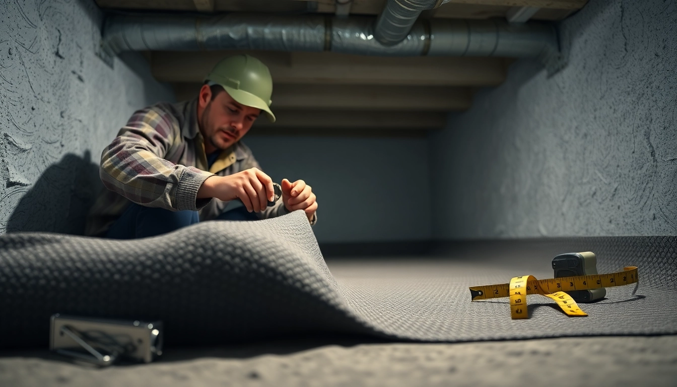 Vapor Barrier Installation process in a crawl space with a contractor showcasing a clean installation.