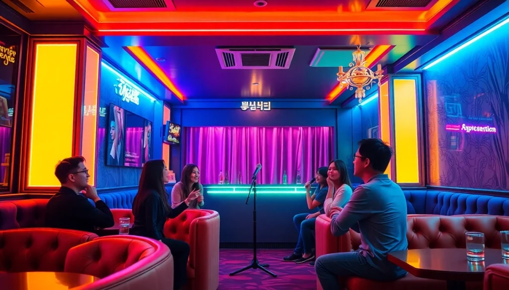 다채로운 네온 조명이 있는 노래방에서 제주도유흥의 활기찬 밤문화 장면을 묘사합니다.