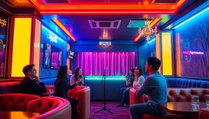 다채로운 네온 조명이 있는 노래방에서 제주도유흥의 활기찬 밤문화 장면을 묘사합니다.