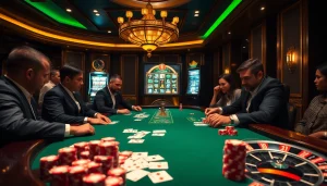 Scène excitante de poker à enjeux élevés et de roulette dans un cadre luxueux de casino en ligne Français.