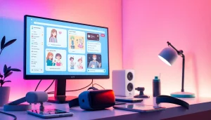 Interactive scene showcasing NSFW AI chatbots with vibrant visuals and tech elements.