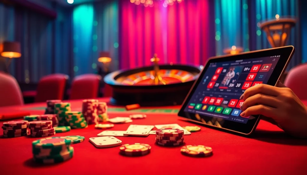 Vivez l'excitation du casino en ligne Français avec des jetons de poker vibrants et une roue de roulette.