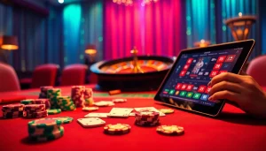 Vivez l'excitation du casino en ligne Français avec des jetons de poker vibrants et une roue de roulette.