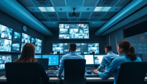 Centro de operaciones de seguridad que muestra a un equipo de una empresa de seguridad líder supervisando las transmisiones de vigilancia.