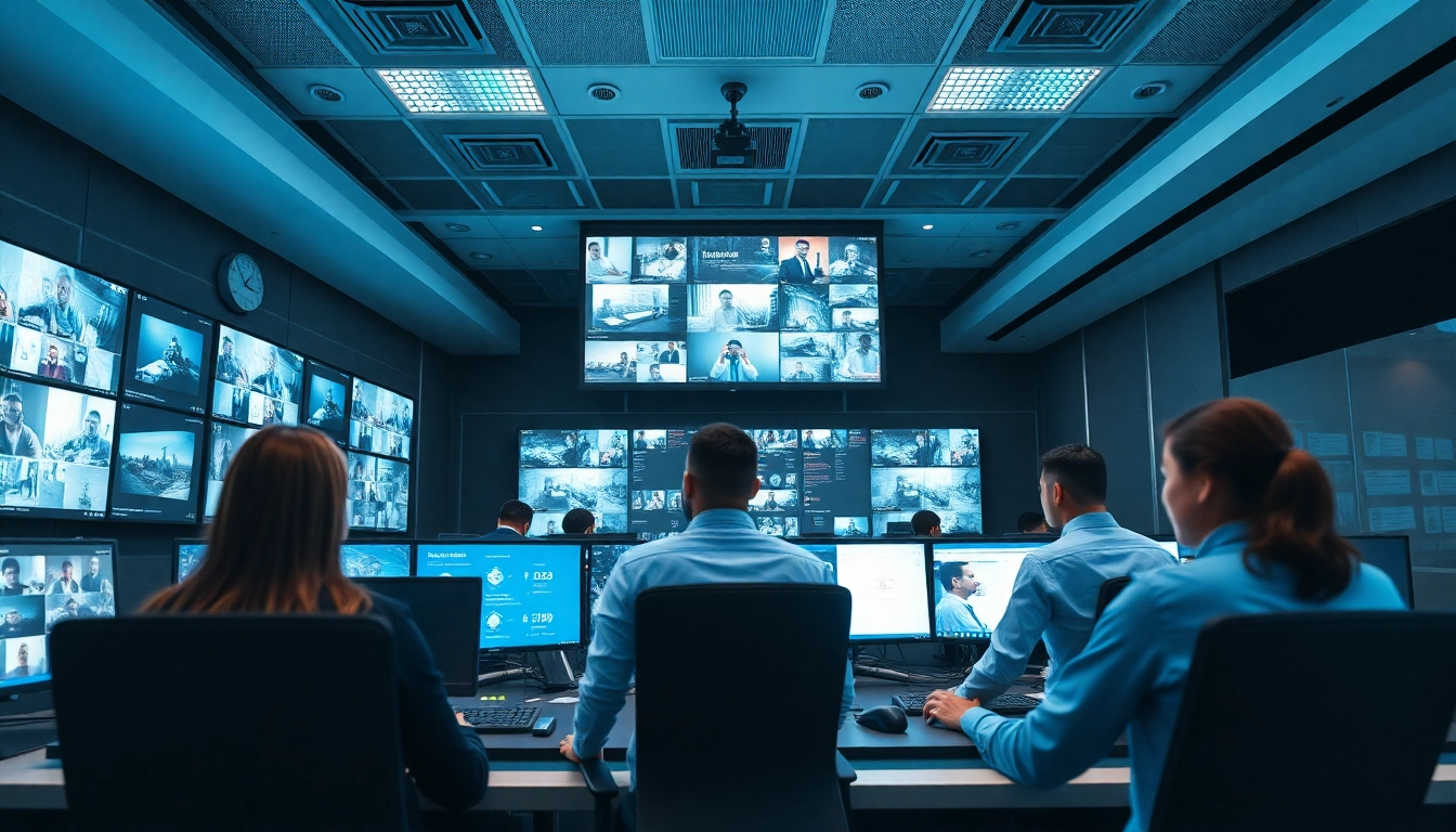 Centro de operaciones de seguridad que muestra a un equipo de una empresa de seguridad líder supervisando las transmisiones de vigilancia.