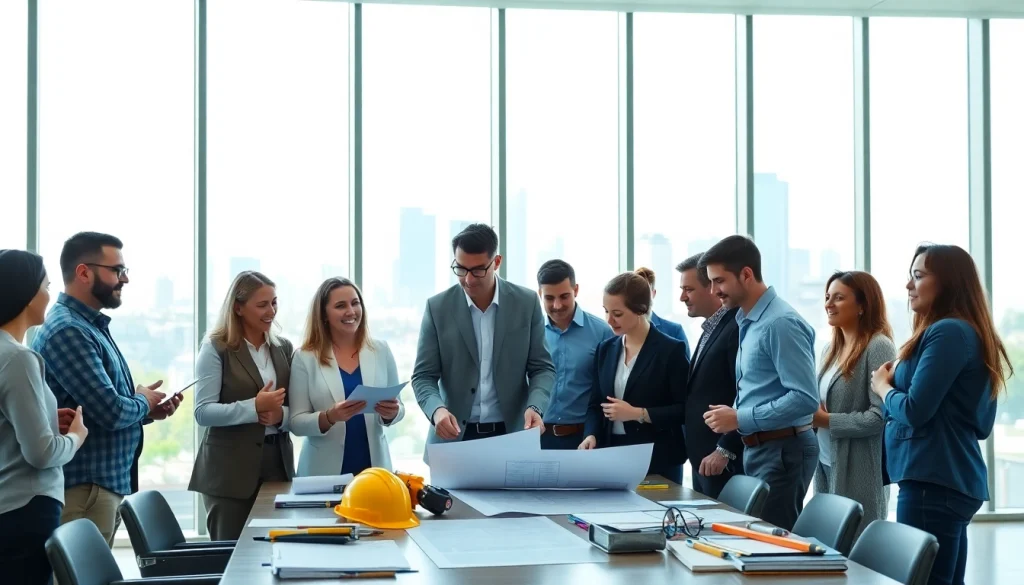 Construction member organization professionals collaborating on a project in a modern office.
