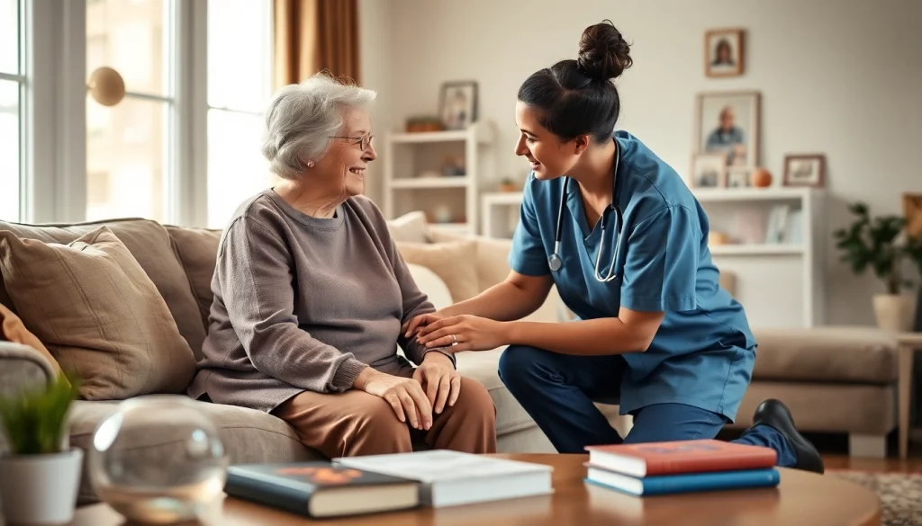 Engaging caregiver showcasing at home health care services near me in a warm home setting.