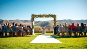 See a stunning wedding venue California setting with a floral arch and beautiful scenery.
