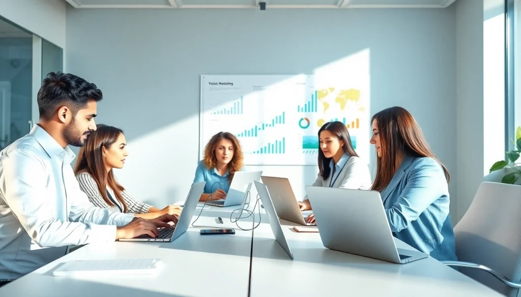 Team brainstorming strategies for agencia hubspot in a modern office environment.