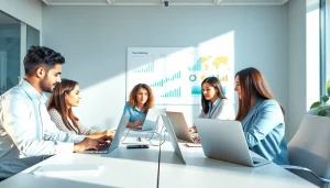 Team brainstorming strategies for agencia hubspot in a modern office environment.