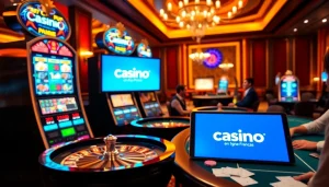 Action de jeu dynamique dans un casino en ligne Français présentant des machines à sous vibrantes et des tables de poker.
