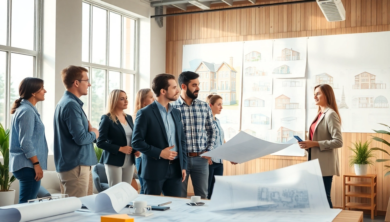 Engaged commercial architect collaborating on innovative designs with a diverse team in a bright studio.