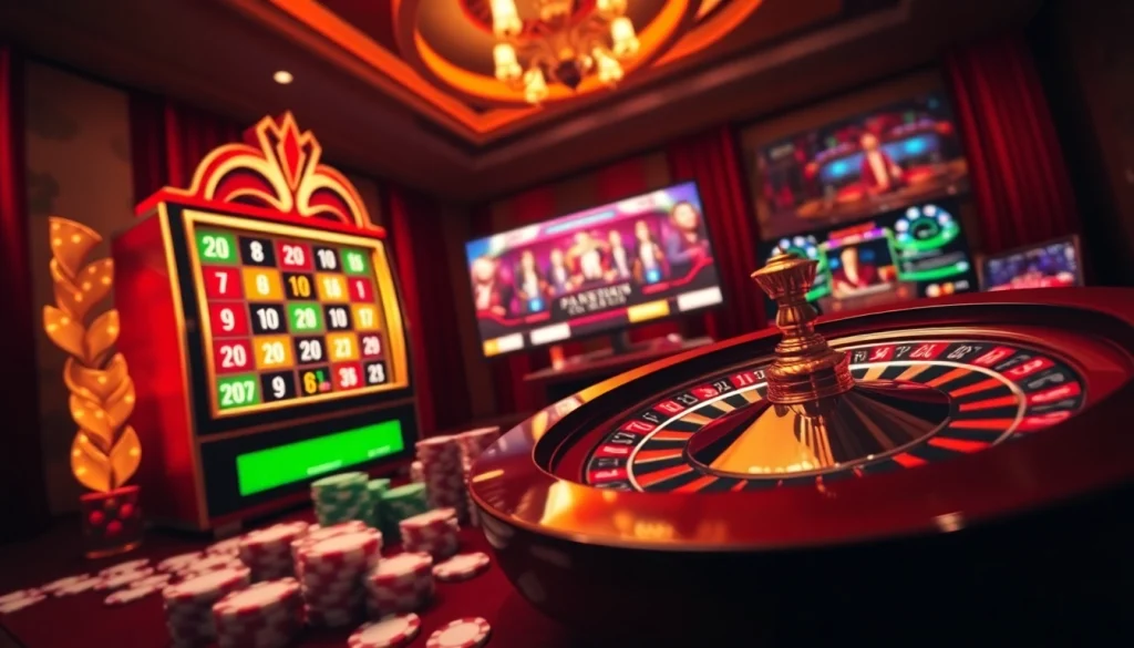 Scène de jeu en ligne captivante mettant en avant le casino en ligne Français, des machines à sous et des jetons de poker.