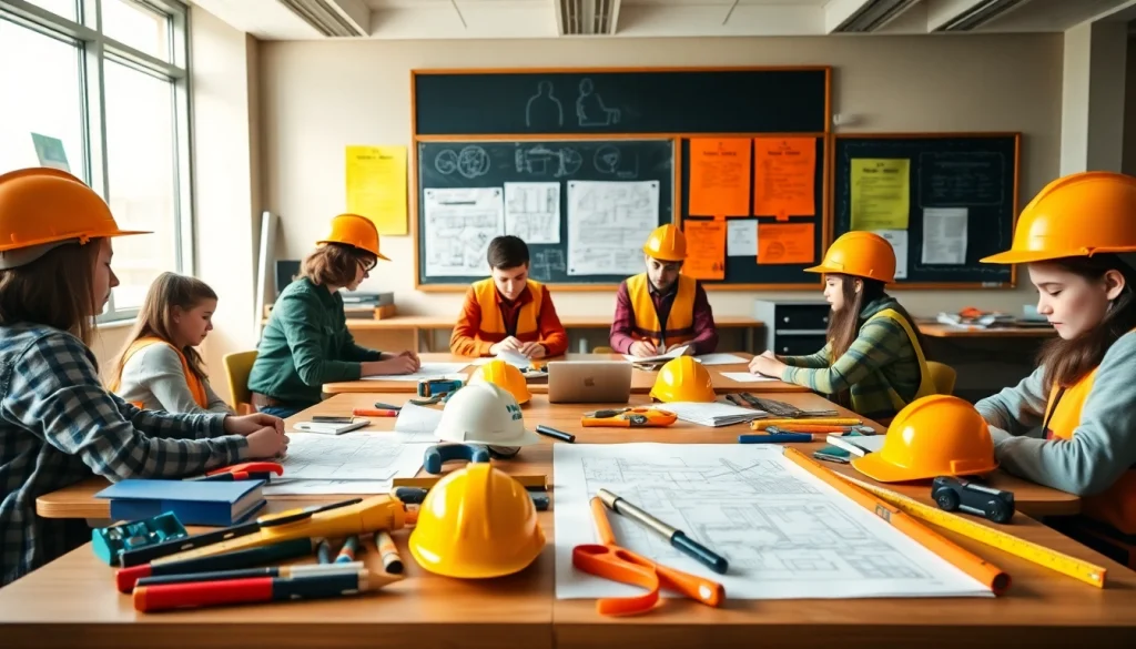 Students actively engaging in construction education in a bright modern classroom.