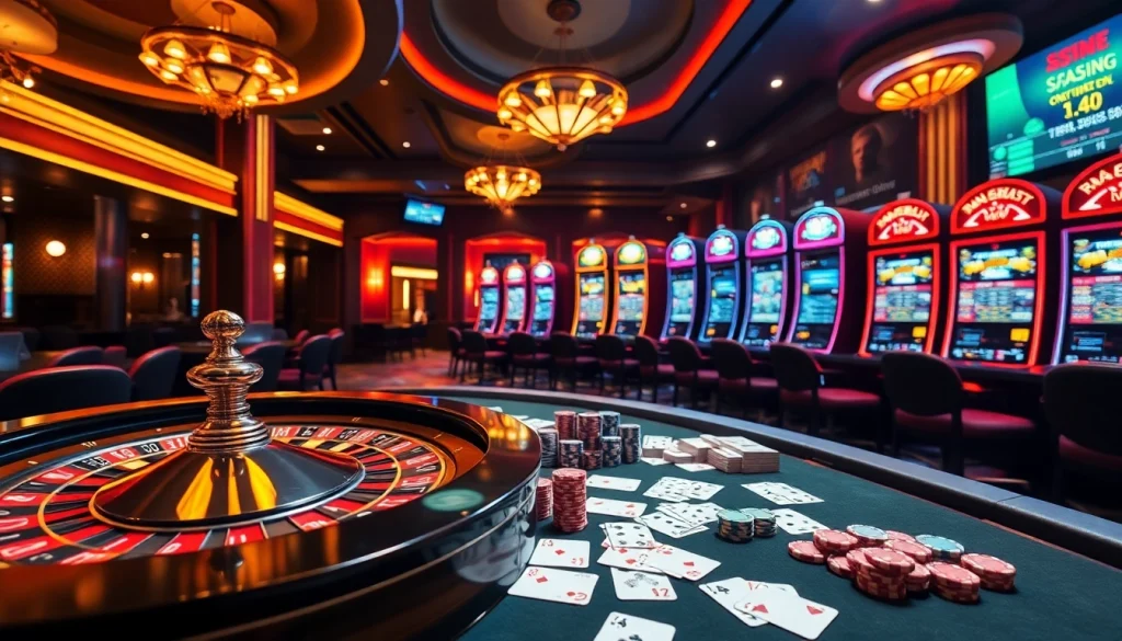 Gameplay du casino en ligne Français avec une élégante roue de roulette et des machines à sous vibrantes dans un cadre de luxe.