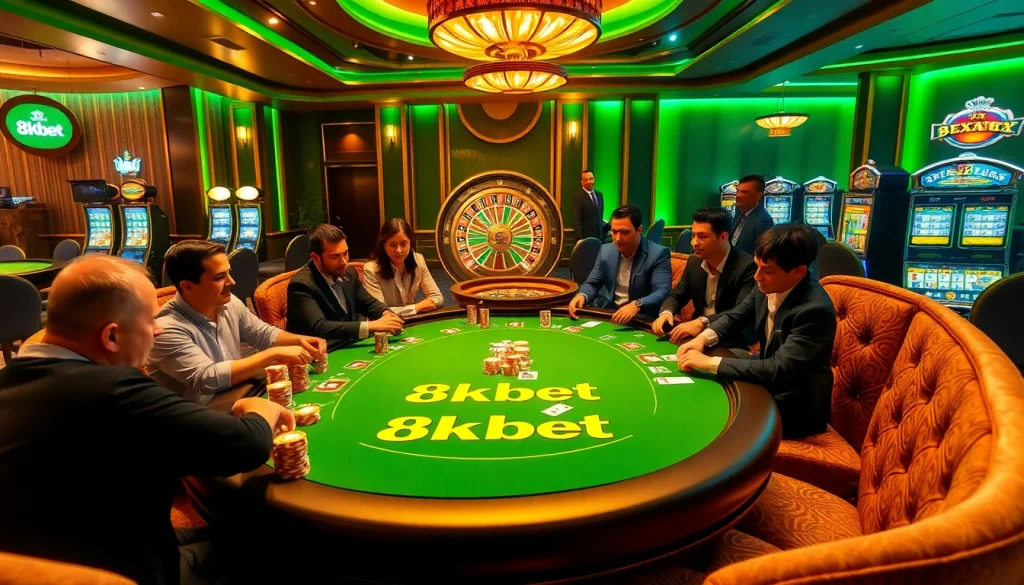 Experience high-stakes excitement at an 8kbet poker table with vibrant casino visuals.