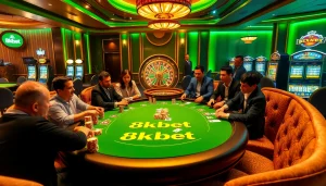 Experience high-stakes excitement at an 8kbet poker table with vibrant casino visuals.