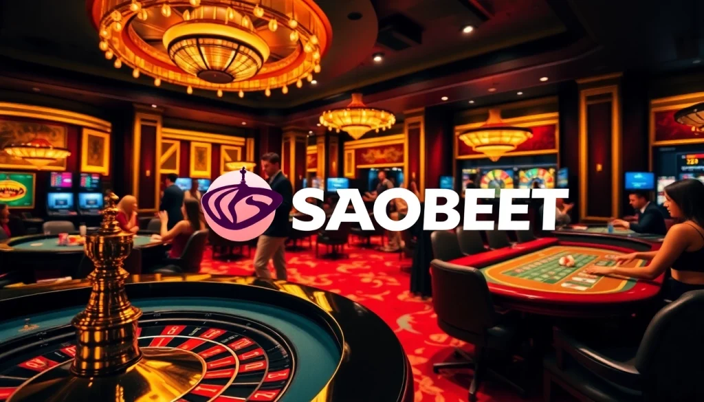 Players enjoying games at SAOBET's luxurious online casino, featuring vibrant tables and cards.