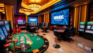 Players enjoying poker at MM88's luxurious casino tables amidst vibrant lights.