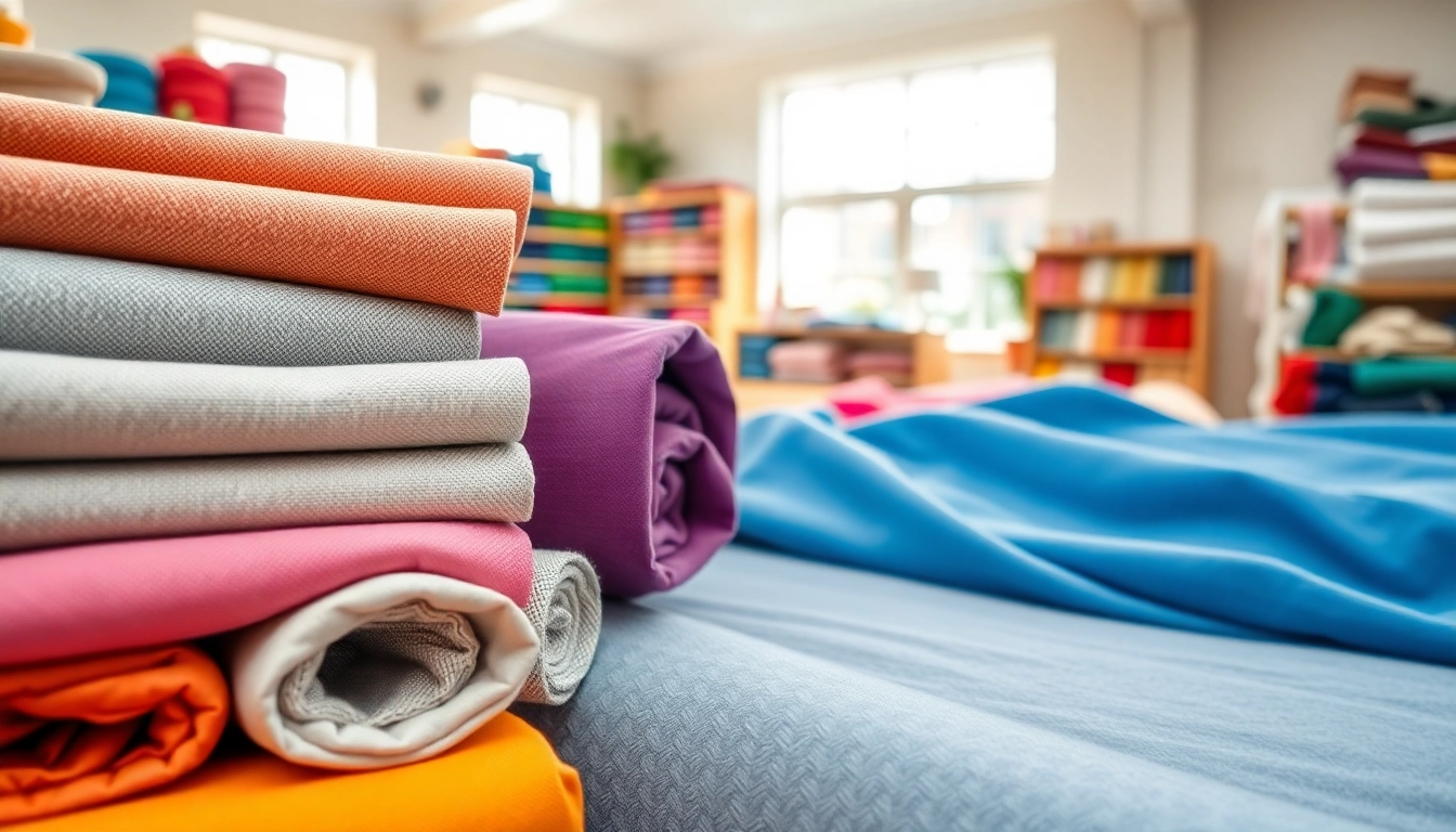 Katoen stof per meter in een levendige stoffenwinkel met kleurrijke rollen stoffen.