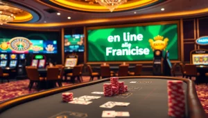 Action engageante dans un casino en ligne Français luxueux présentant le poker, les machines à sous et la roulette.