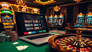 Vivez l'excitation du casino en ligne Français avec une scène de jeu en ligne dynamique présentant des jetons de poker et une roulette.