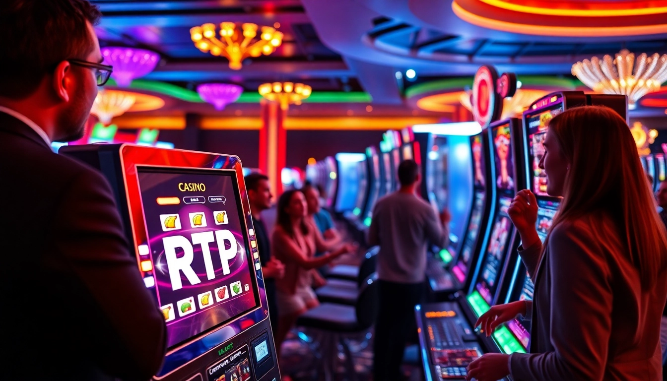 RTP casino gaming scene with vibrant slot machines and engaged players in action.