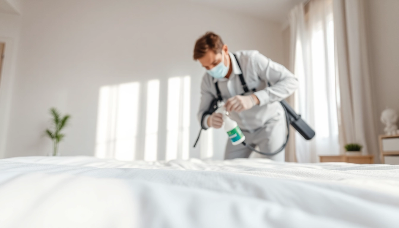 Applying bed bug chemical treatment by a pest control expert in a bedroom.