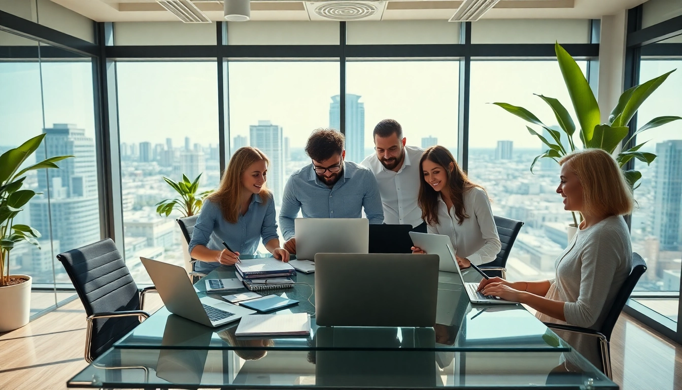 SEO Agency Clearwater collaborating in a bright office with a city view.