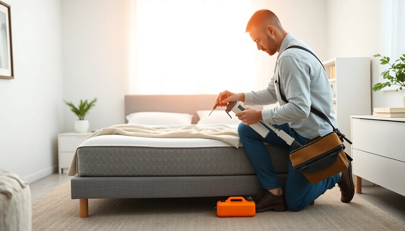 Applying bed bug chemical treatment by a professional technician in a clean, well-organized bedroom for effective pest control.