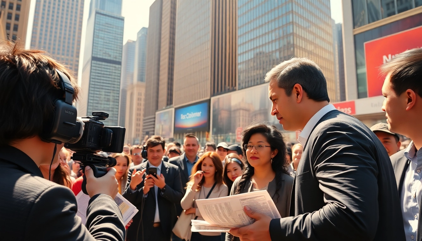 Engaging news reporting scene showcasing a bustling urban environment filled with dynamic energy.