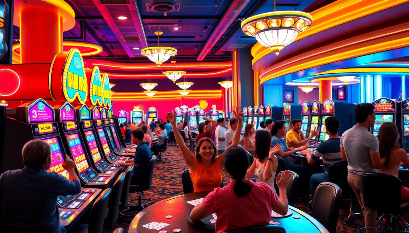 Main scene from a casino highlighting bbni4d excitement with players on slot machines, colorful lights, and lively atmosphere.