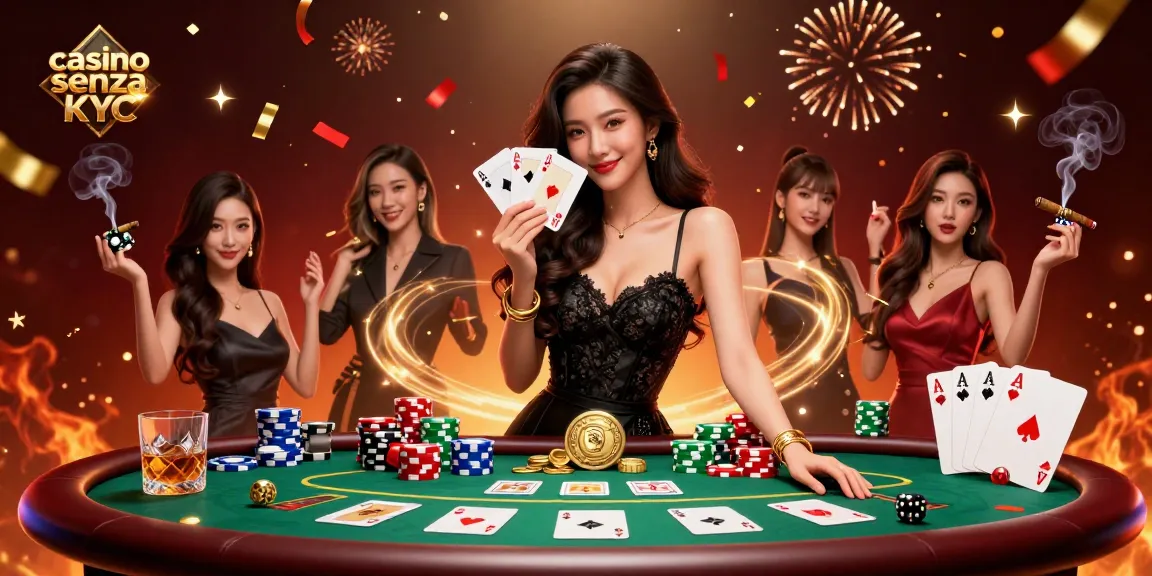Scopri un'esperienza di gioco emozionante al casino senza KYC con una donna asiatica stilosa, fiches da poker e carte vincenti.