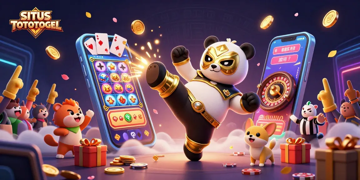 SITUS TOTOTOGEL features a vibrant slot scene with an animated panda wrestler and energetic animal spectators.