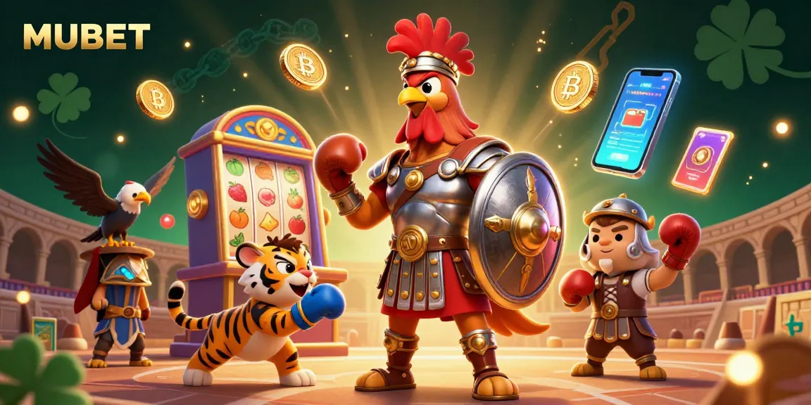 MUBET presents an engaging 3D cartoon illustration showcasing a gladiator rooster amidst vibrant slot machine action.