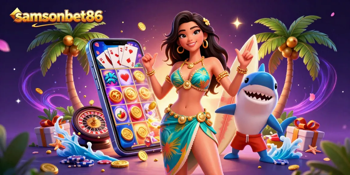 Spin to win with samsonbet86 in a vibrant casino-themed 3D illustration featuring exciting gaming elements.