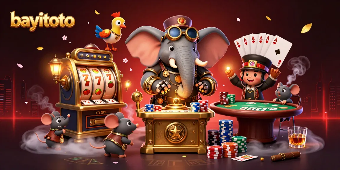 Engage with bayitoto's thrilling slots and poker games in this vibrant 3D casino scene.
